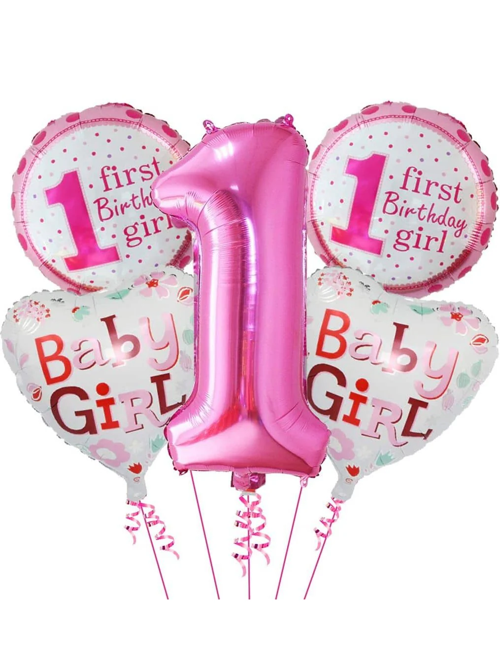 1st Birthday Pink Theme Foil Balloon Set - Pack of 5 - Image 3